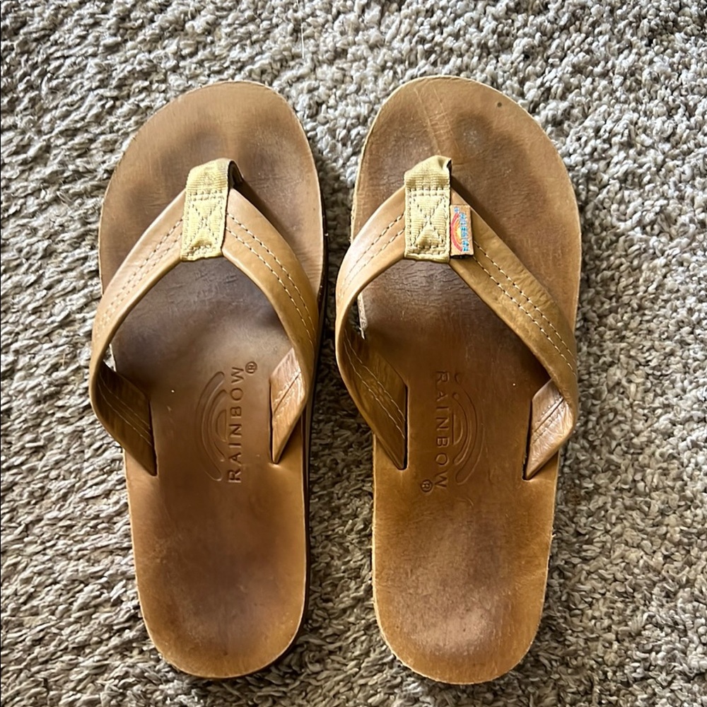Rainbow Brown Leather Flip Flops